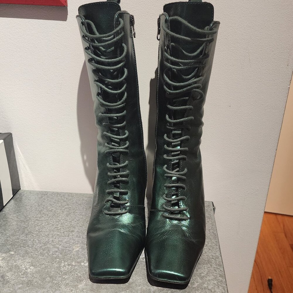 Metallic Green L'intervalle Square Toe Leather Boots - Picture 7 of 11